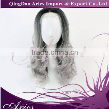 Women grey Black ombre Long Body Wavy Lace Front Synthetic Full Wig