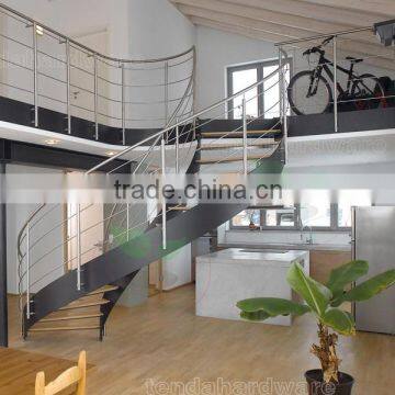 elegant double steel stringer curved Staircases with timber steps and rod rails