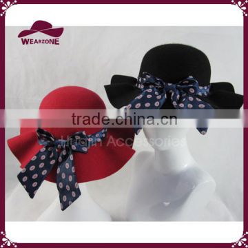 Big Satin Bowknot Wool Felt Wave Wide Brim Hat