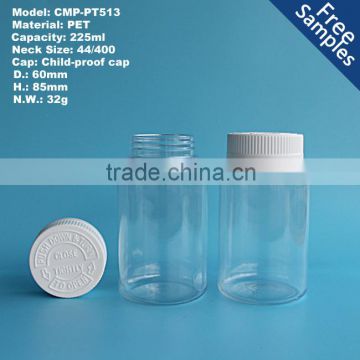 225ml clear wide mouth plastic PET bottle, food grade medicine bottle , capsule bottle