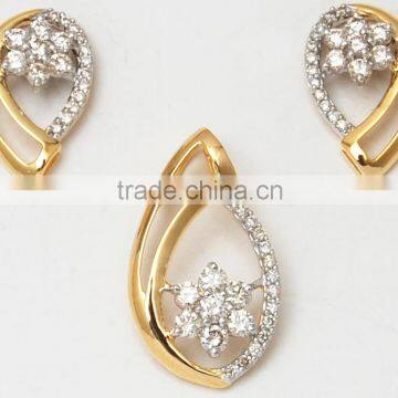 Cluster Floral Round Brilliant Cut Diamond Latest Yellow Gold Pendant Earring Set