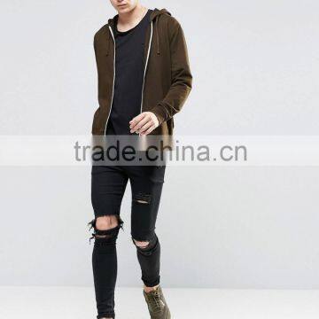 Promotion Men 100% Cotton High Quality White Zipper Rib Hem Blank Khaki Hoodie photo-4