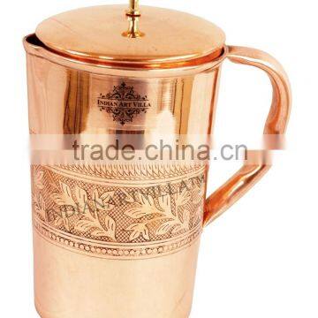 IndianArtVilla Handmade Designer Pure Copper Jug Pitcher With Lig 1300 ML - Storage Drinking Water Home Hotel Restaurant