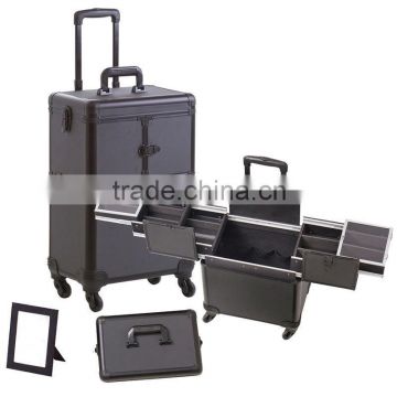 Rolling Makeup Cosmetic Train Case Hair Stylist 4-Wheel Black Aluminum