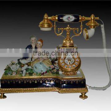 Antique Curio Ceramic Telephone Table Clock, Gold Plated Brass Footed Desk Clock, Collectable Home Decorative Table Clock photo-5