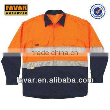 Hi Vis reflective long sleeve cotton drill shirt for men daytime orange safety workwear UPF50+