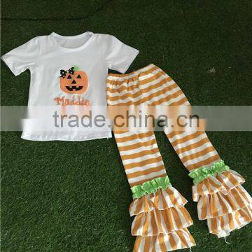 Remake Halloween Cotton Pumpkin Printed Short Sleeve Match Orange Striped Pants Baby Outfit photo-2