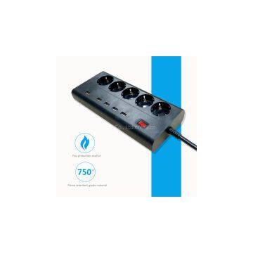 Euro smart power strip with usb port 5 outlet 250v 16A 1.8M cord with FC3.0 usb fast charger