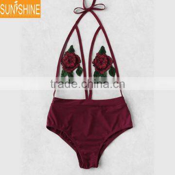 Flower Embroidery Hot Women Transparent Sexy One Piece See Through Swimwear Bathing Suit