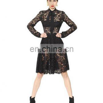 new 2016 women fashion wine black lace spring autumn dress ladies Long Sleeves Black Color Lace perspective Dress