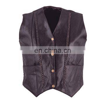 HMB-3251A LEATHER VEST BIKER STYLE BRAIDS COAT BROWN