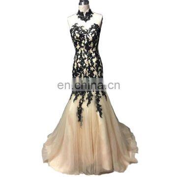 Free Shipping Sexy Sleeveless Floor Length High Neck Ruffle Backless Lace Women Prom Dress