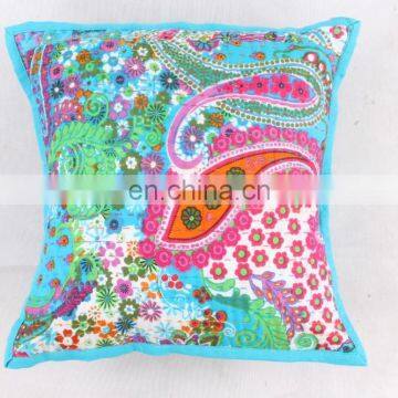 Hand-stitched Kantha Pillow indoor & outdoor-Indian Blue Flowears kantha cushion covers-Kantha Pillow Covers Textile Art