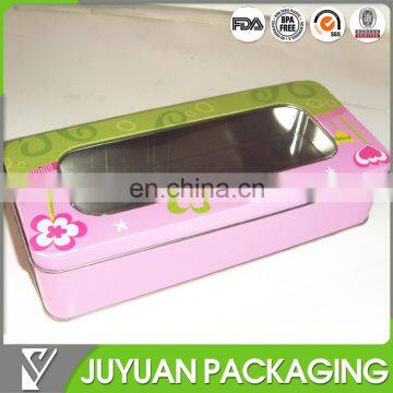 Customer's special design manufactured rectangular jewelry metal tin with clear top lid