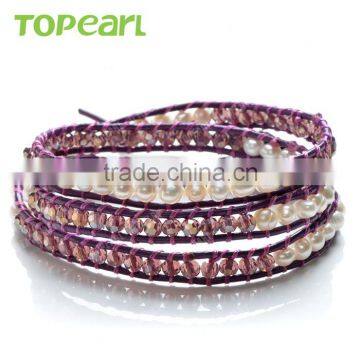 Topearl Jewelry Potato White Freshwater Pearl and Faced Amethyst Bracelet Woven Leather Wrap Bracelets for Best Friends CLL166