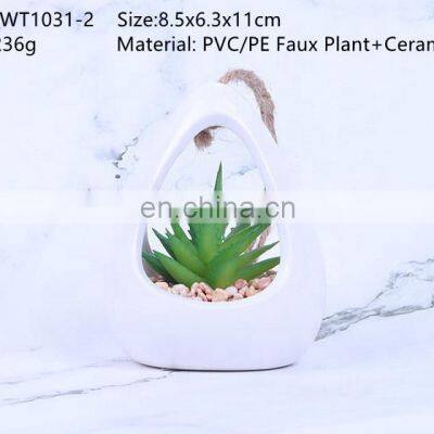 Wholesale White Ceramic Hanging Planters Flower Pot Faux Succulent Plant Pot Artificial Plant Wall Hanging Pot With Hemp Rope