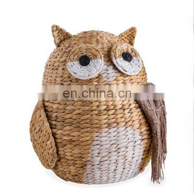 Woven Water Hyacinth Owl Storage Basket Home Decoration Clothes Wicker Basket Frame, Straw Box Hamper Laundry Basket