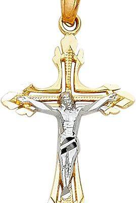 14K Real Gold Two Tone Linear Jesus Cross Pendant - 25x16 MM Crucifix Charm Necklace Pendant