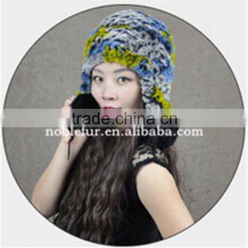 2015 genius lady rabbit fur winter beanie hat with two fur ball around ears