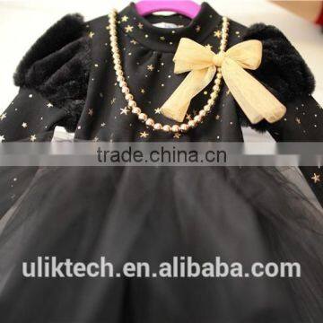 free shippining 2015 girls dress retro lace dress black and white princess skirt long sleeve princess dress with necklace