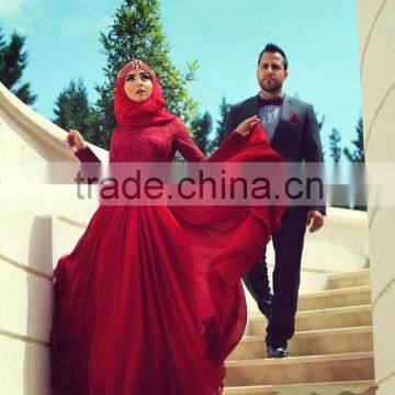 Muslim Evening Dresses A-line Long Sleeves Red Chiffon Appliques Lace Scarf Arabic Abaya Dubai Eveni