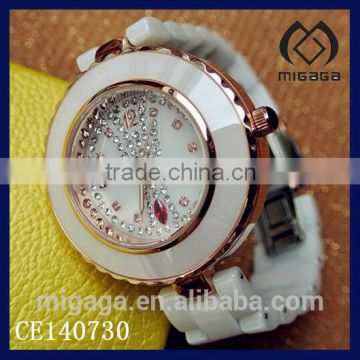 fashion new design crystal setting dial watch ceramic*rose gold case crystal watch ceramic strap