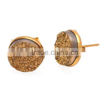 Sparkling Round Brown Druzy Stud Earrings 925 Sterling Silver small gold vermeil earrings