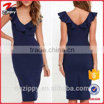 2016 Latest Ruffle Navy Blue Bodycon Midi Dress Designs                        
                                                Quality Choice