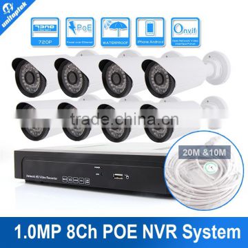 8CH PoE Built-in NVR With 8Pcs 720P 1.0MP 36 IR LEDs Bullet IP CCTV Camera Kit System Motion Detection Recorder