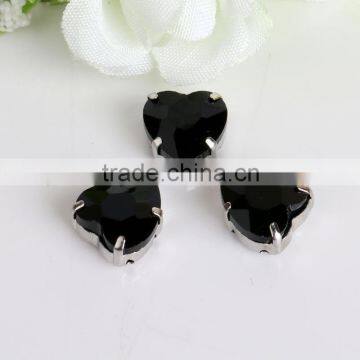 Black Color 10mm Flatback Crystal Sweet Heart Fancy Sew On Stone with Silver Claw