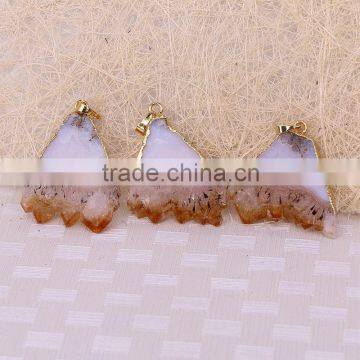 Natural Topaz Quartz Druzy Gem Stone Pendant, Gold Plated Edged Fan-shaped Topaz Pendant