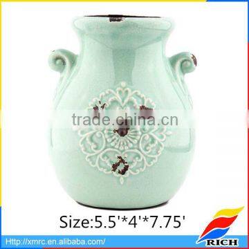 Ceramic Antique Effect Medallion Front Vase With Handles