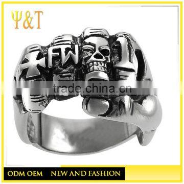 Jingli Jewelry factory Fancy Stainless Steel Band Cross Skull Fist Men's Ring, Color Black Silver (HS-089)