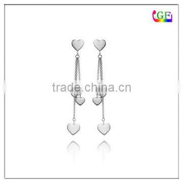 2013 newest silver plating long chain hearts earring