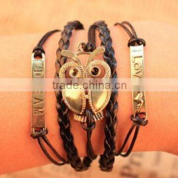 Real lether jewelry bangle wood bead with adjustable line alloy vintage owl bracelet