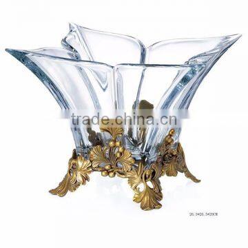 Unique Crystal & Brass Fruit Bowl With Flower Vine Base, Clear Crystal Square Compote With Wave Base