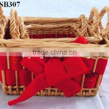 Wicker storage basket with China red liner and knob for honey couple