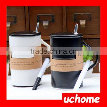 UCHOME Black White Message Ceramic Mug With Lid Spoon Creative Cup With a Pen photo-4