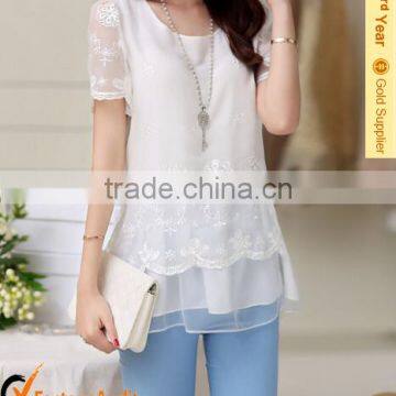 Embroidery lace chiffon round neck t- shirt with short sleeves