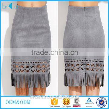 Women clothings grey fringe hem zipper suede ladies designer skirt suits