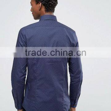 High Quality Long Sleeve Spread Collar Mens Pre-Shrunk 100% Cotton Breathable Slim Fit Casual Navy Point Printed Dress Shirts photo-2