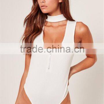 MGOO 2017 High Fashion White Ribbed Bodysuits For Women Sexy Chocker Neck Zip 95% Cotton 5% Spandex Tops photo-3