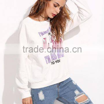 White Slogan Print Raglan Sleeve Sweatshirt Round Neck 100 French Terry Printed Sweatshirt Custom Logo Whosale photo-3