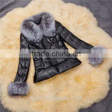 2016 New Women's Winter Fashion Imitation Faux Lether With Soft Faux Fox Fur Long Slim Fit Jacket Coat With Fox Fur Collar photo-6