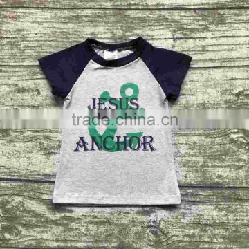 baby boy shorts sets boutique outfits cute cotton Jesus is my anchor top shirts raglans summer clothes gray black kids wear