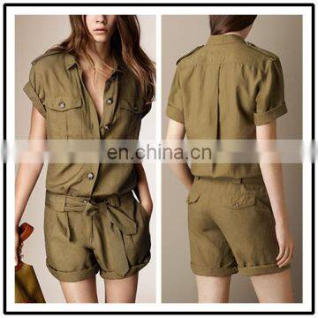 Oliver Green Cotton Twill Casual Ladies Jumpsuit Shorts Pattern Women Summer 2015 NT6604