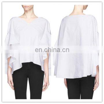 2017 Spring V-neckline Dropped Shoulder Ruffle Sleeves Top 100% Cotton Girls Fancy Top (16110901)