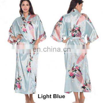 Women's Peacock Print Half Sleeve Silk Kimono Bridesmaid Long Robe Nightgown photo-2