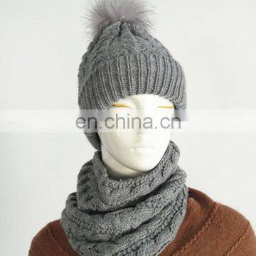 Newest fashion winter cheap pur colour acrylic knitted scarf hat set with ball on hat