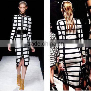 2015 sey women party dress new girl knitted rayon front zipper plaid white black knee-length long sleeve bandage dress